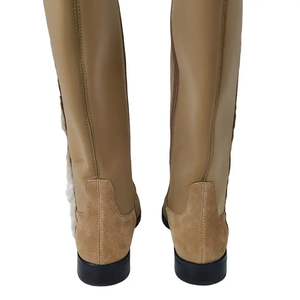 GILI beige leather suede knee high boots faux sheepskin trim 7.5